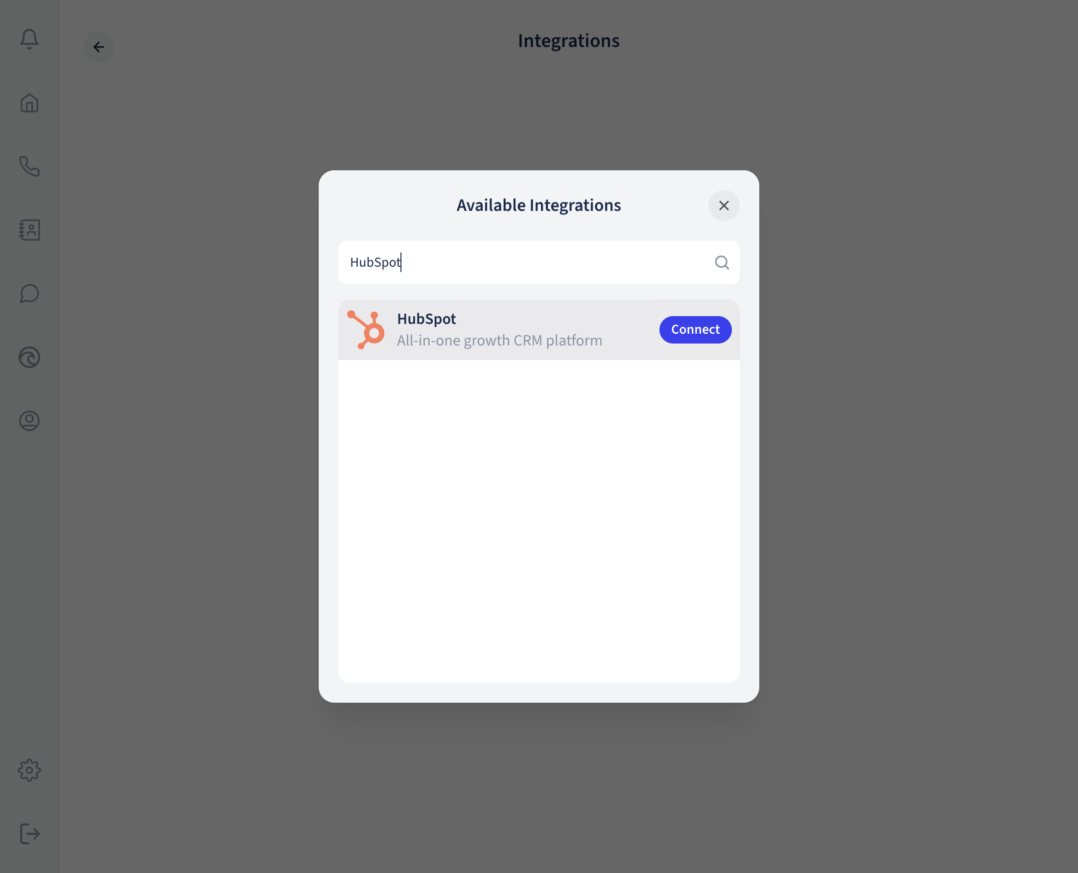 The Available Integrations dialog in Phound filtered to HubSpot, with a Connect button on the HubSpot row