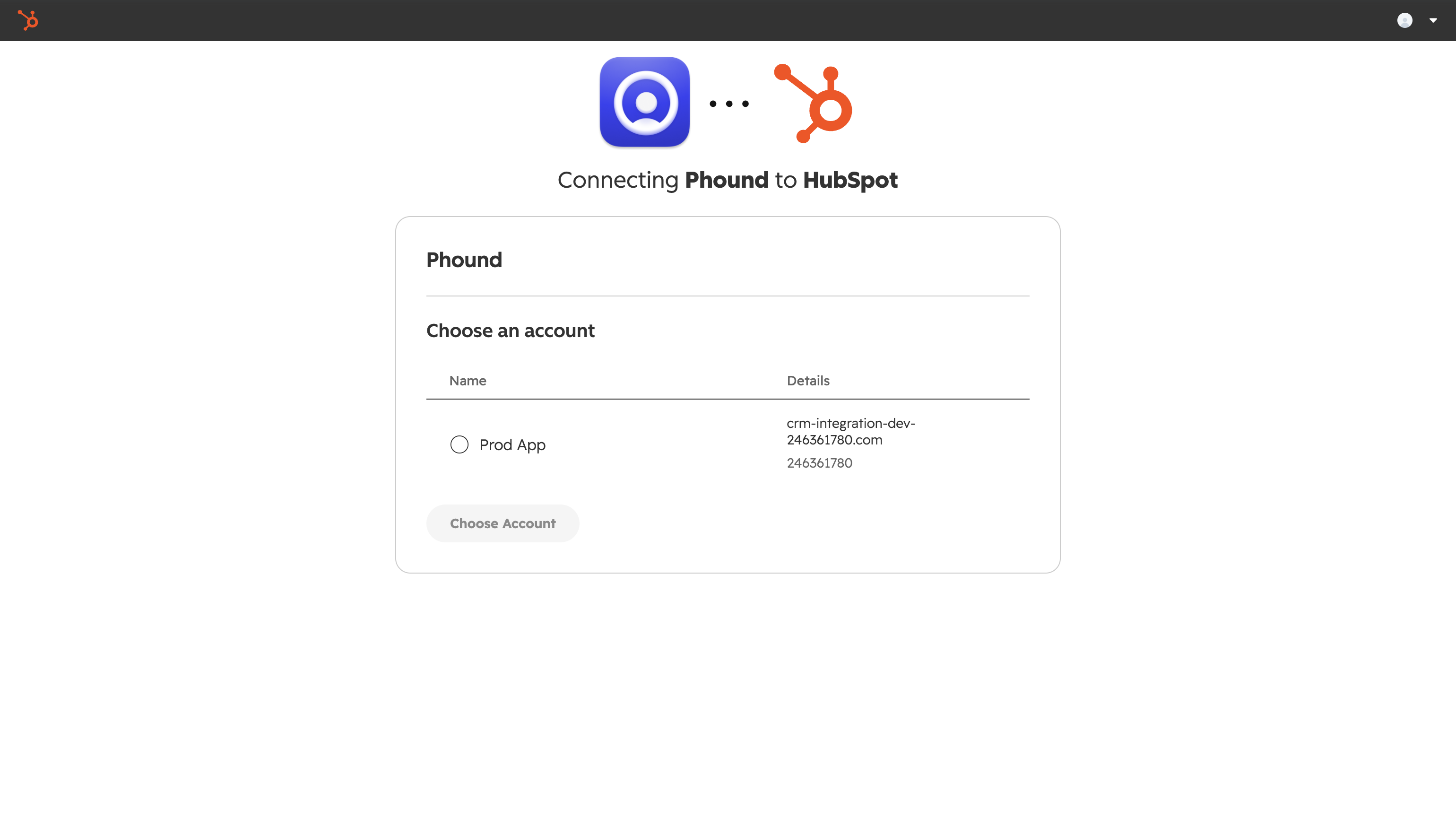 HubSpot account chooser listing the accounts the signed-in user belongs to
