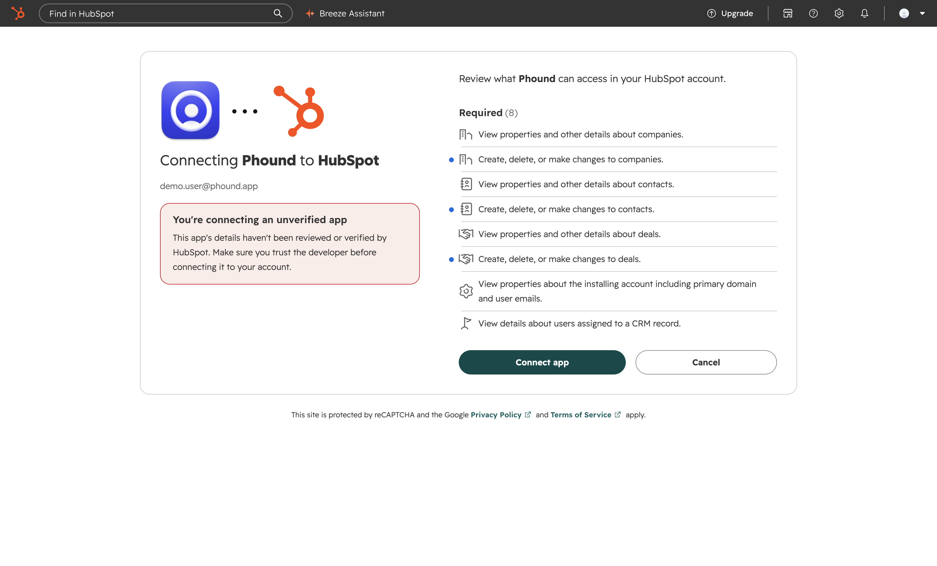 HubSpot permission approval screen listing every scope Phound requests, with a Connect app button