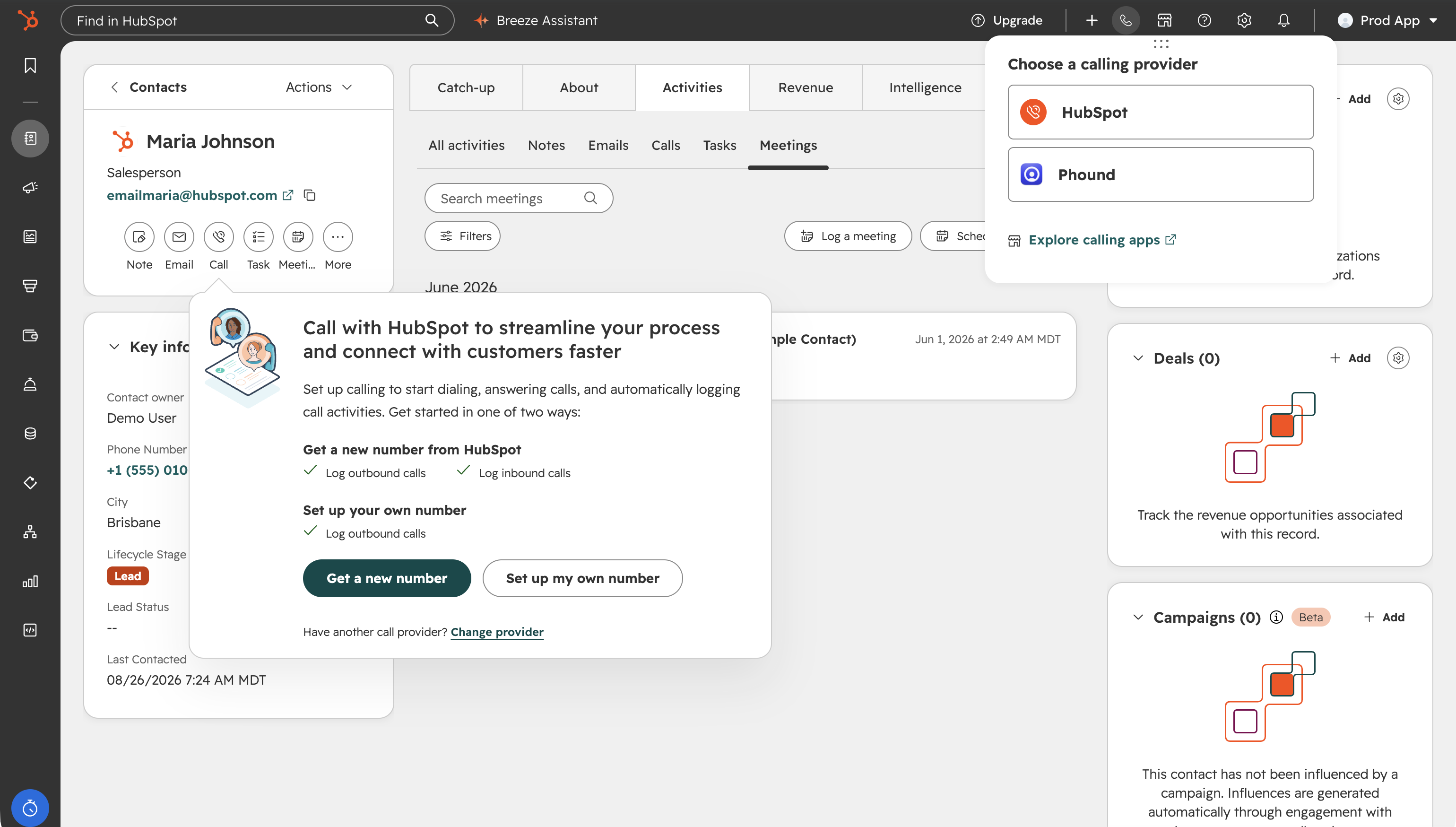 HubSpot's Choose a calling provider panel listing HubSpot and Phound, opened from the phone icon in the top bar