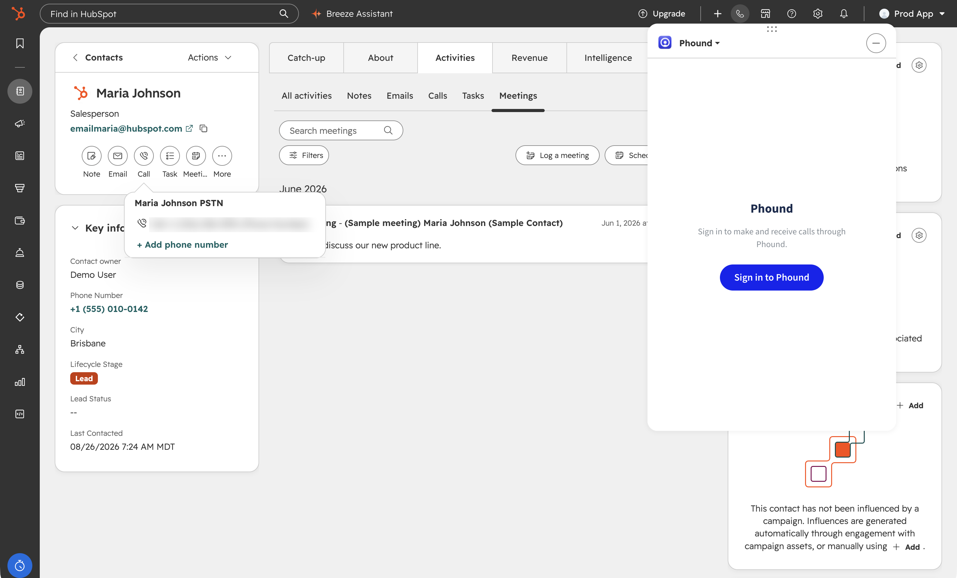 HubSpot's call panel with Phound selected, showing a Sign in to Phound button