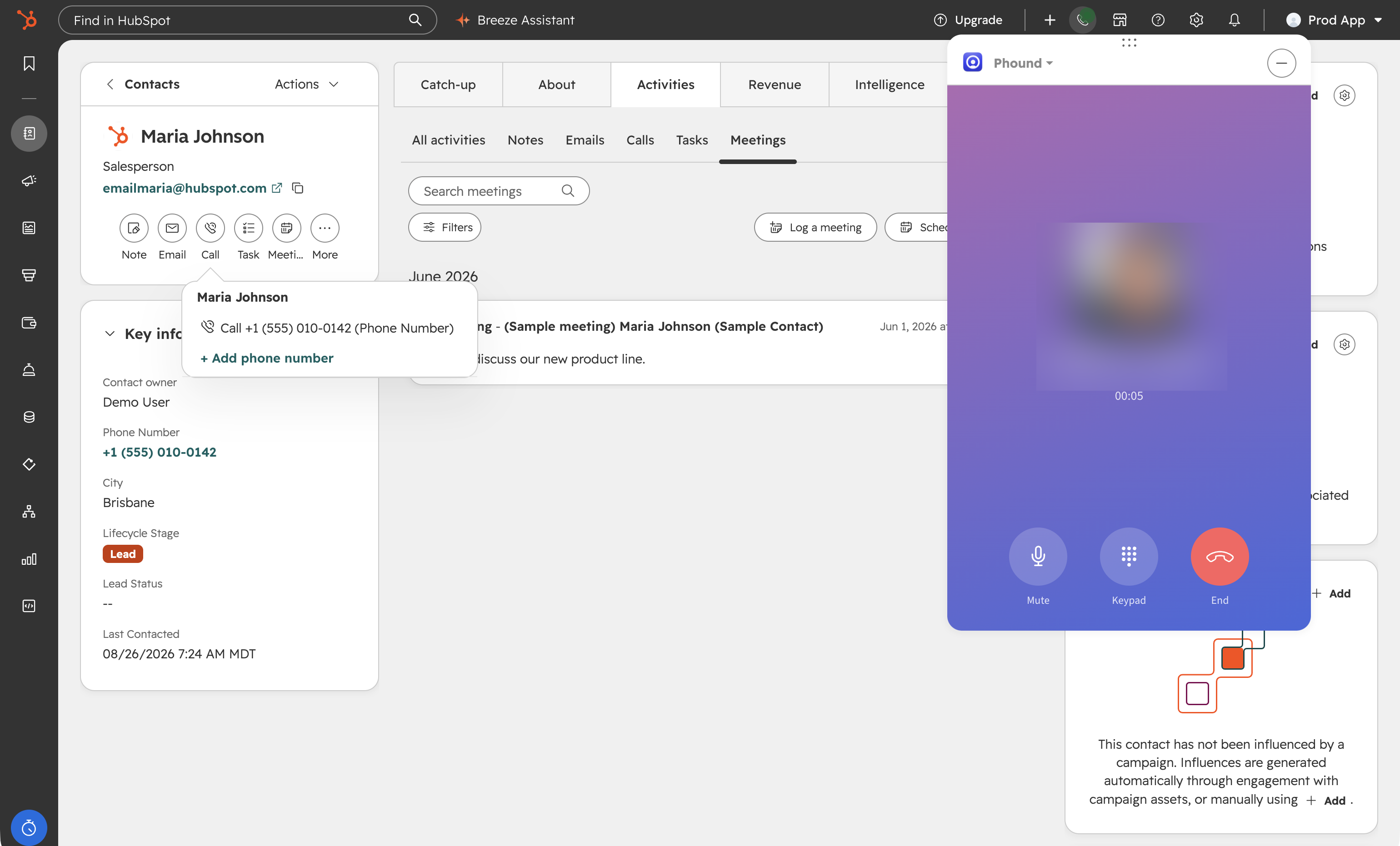 An outbound call in progress inside the HubSpot call panel, showing the contact's name, the call timer and an End button