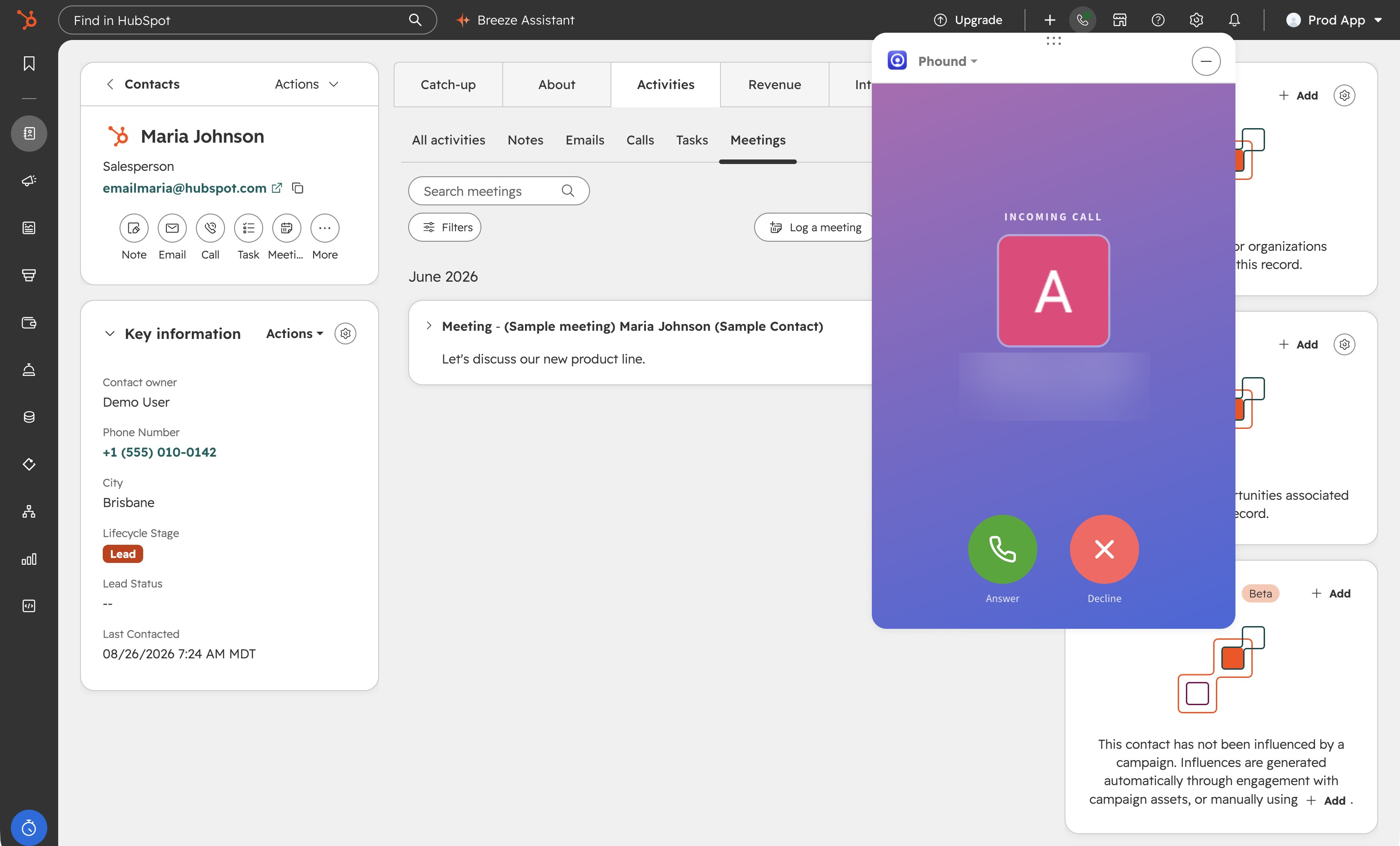 An incoming call in the HubSpot call panel showing the matched contact's name and Answer and Decline buttons