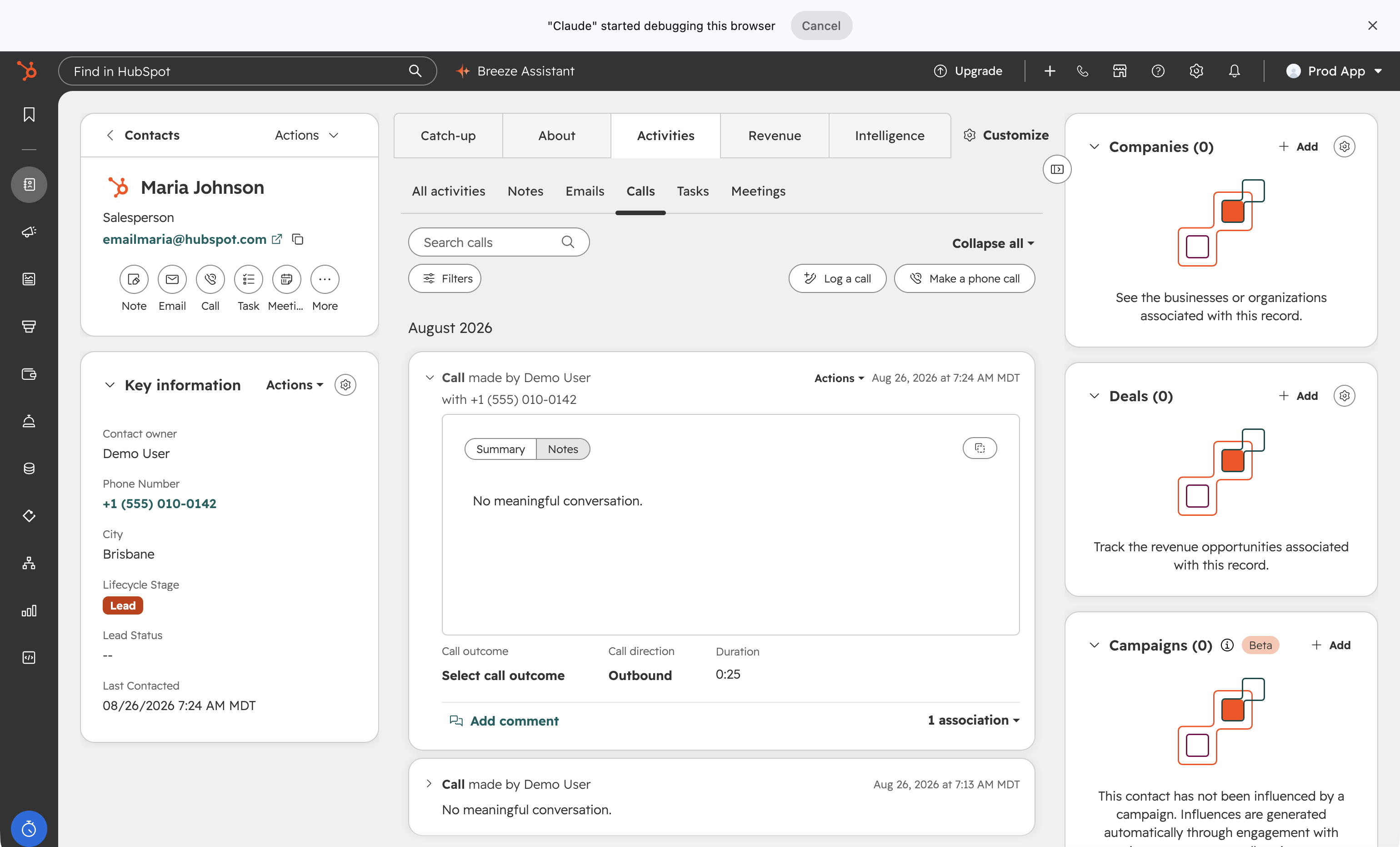 A HubSpot contact timeline showing three call activities logged by Phound, each marked Logged with direction and duration