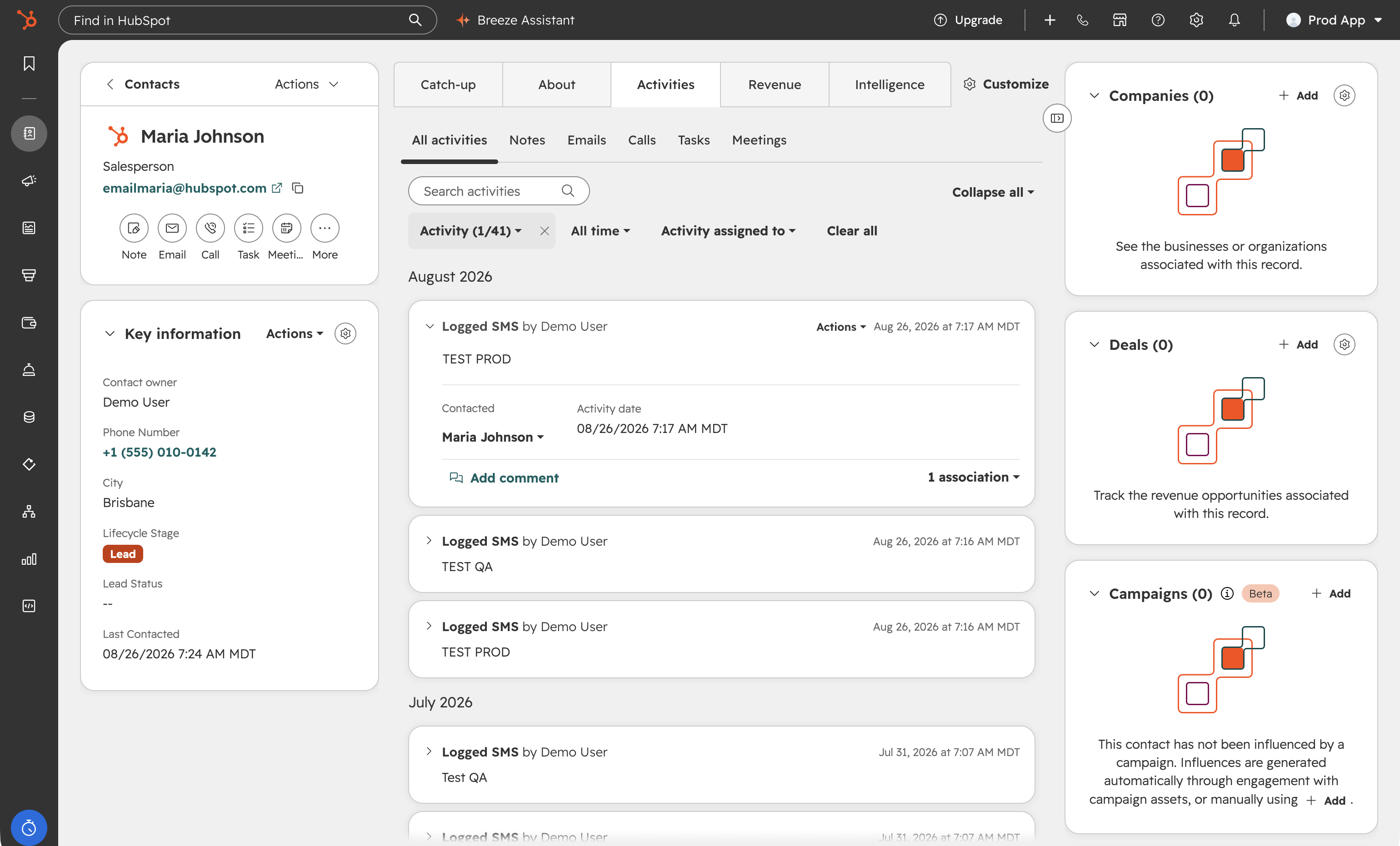 A HubSpot contact timeline showing an SMS activity logged by Phound with the message text