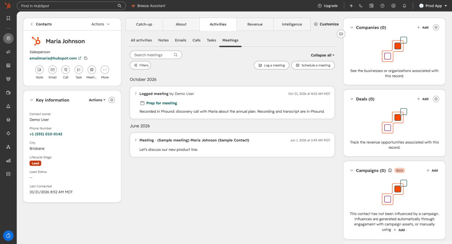 A HubSpot contact timeline, Meetings tab, showing a logged meeting whose notes say it was recorded in Phound