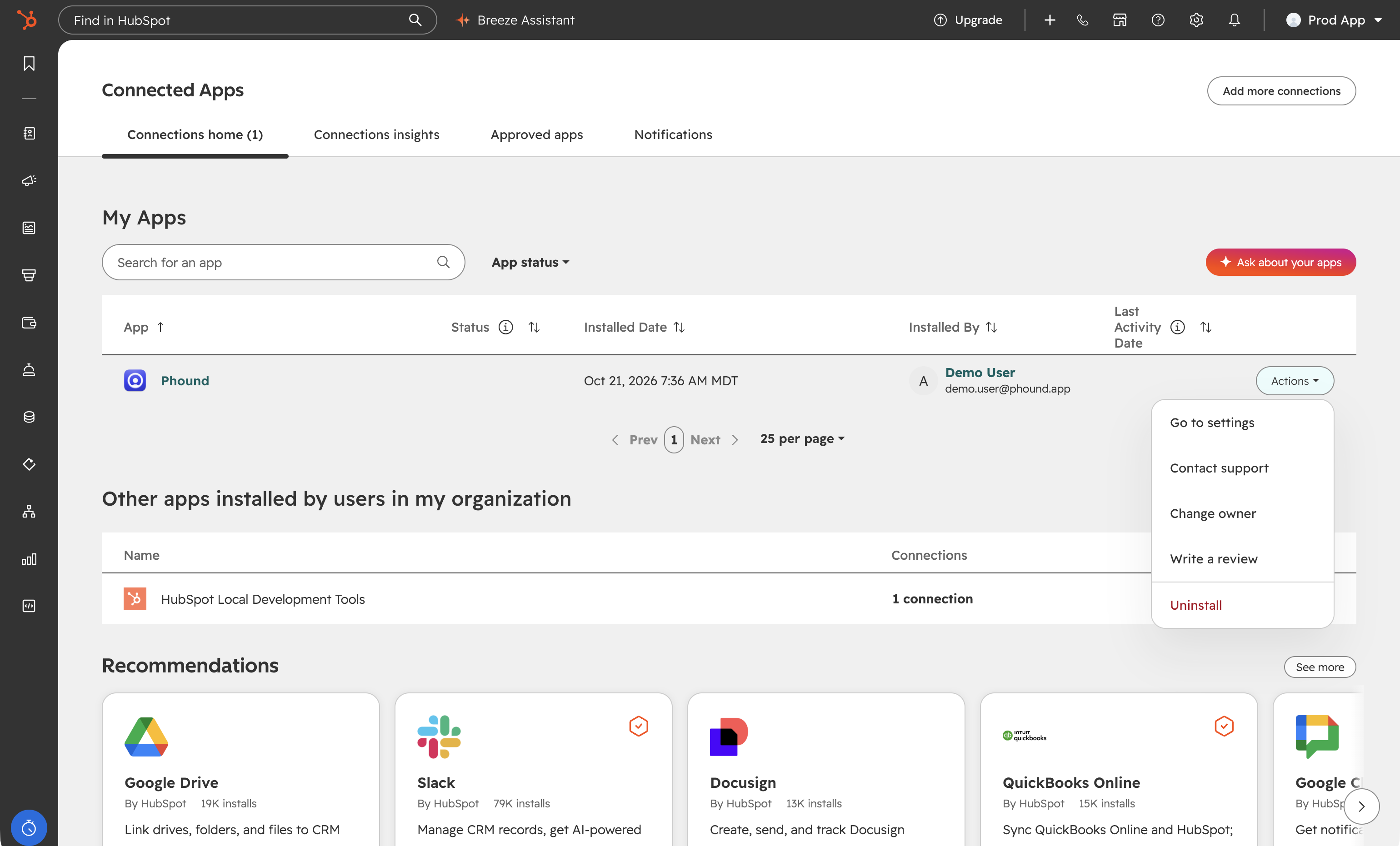 HubSpot Connected apps page showing the Phound app with its Actions menu open and Uninstall highlighted